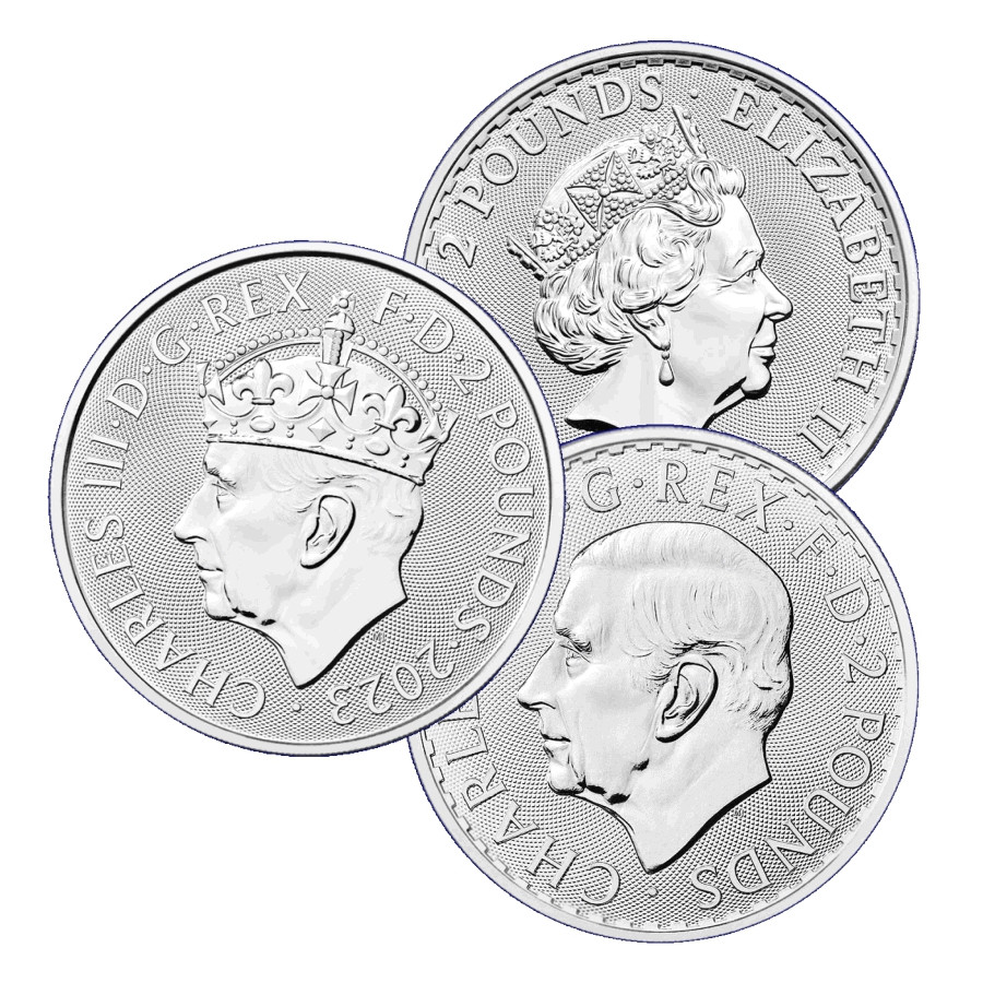 Sada 3 stříbrných mincí Britannia 1 oz Elizabeth II., Charles III. a Korunovace (2023)