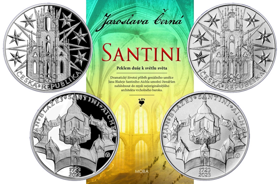 Sada obou stříbrných mincí ČNB 200 Kč Jan Blažej Santini + kniha Peklem duše k světlu světa